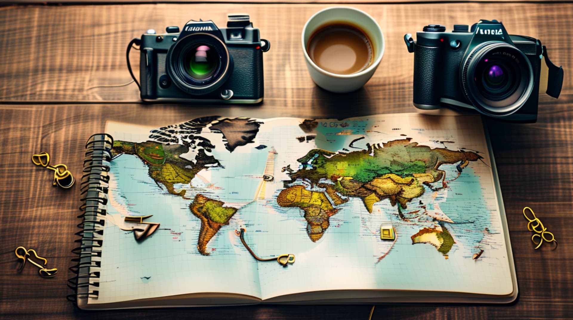 Traveler planning a trip with a map, notebook, and phone on a table