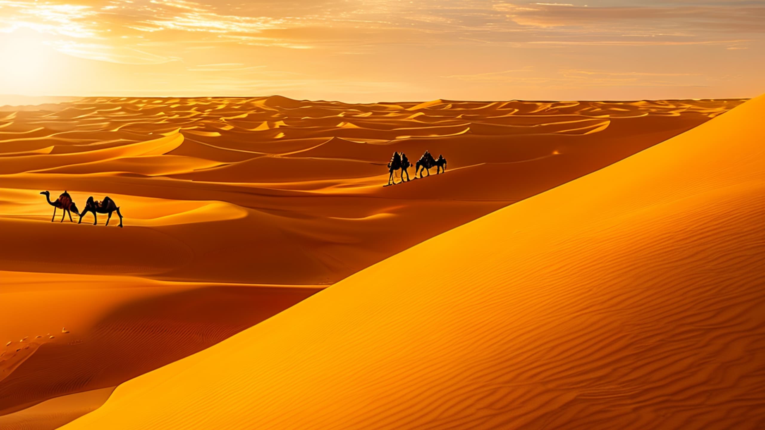 Camel caravan crossing sand dunes in the Algerian Sahara in low golden light